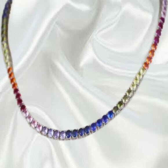 Beautiful Rainbow lab created colors of CZ Tennis Necklace Silver plated - Picture 4 of 4